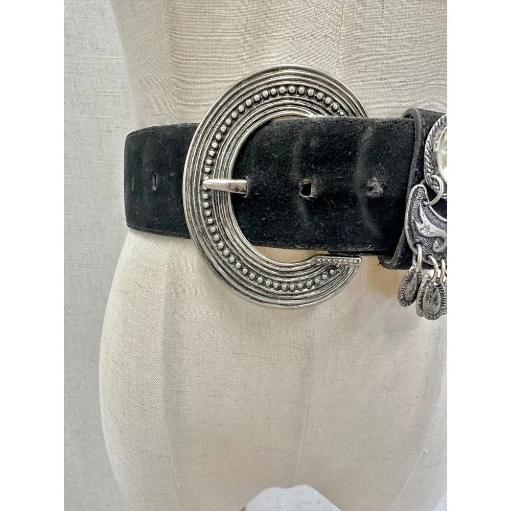 Vintage 90s Black‎ Suede Boho Belt Silver Crescent Buckle Crystal Detail Gypsy